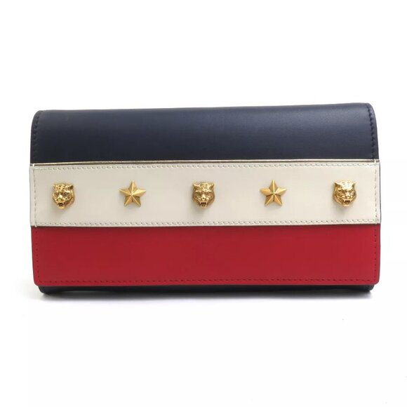 GUCCI Bifold Long Wallet Navy/Off White/Red Leather/Goldtone - - Picture 1 of 13